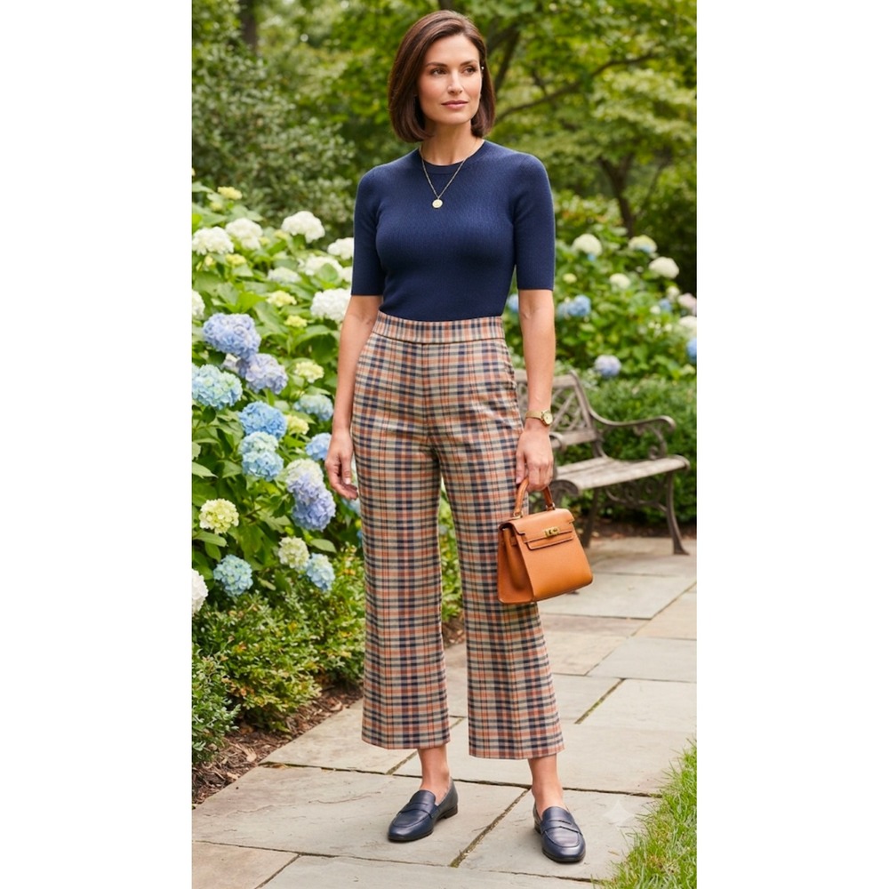 Kitri Plaid Trousers Womens 6 Navy Orange Check High Rise Cropped Wide Leg Pants